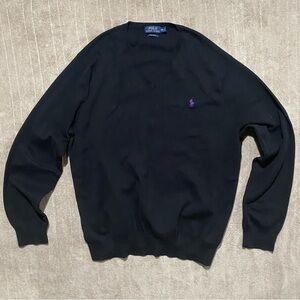 Polo Ralph Lauren Black V-Neck Sweater Pima Cotton Men Purple Pony Logo 2XL